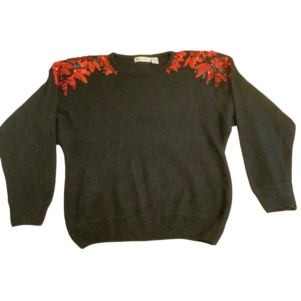 Vintage Alison Craig Black Sweater XL With Red Sequin Floral Design